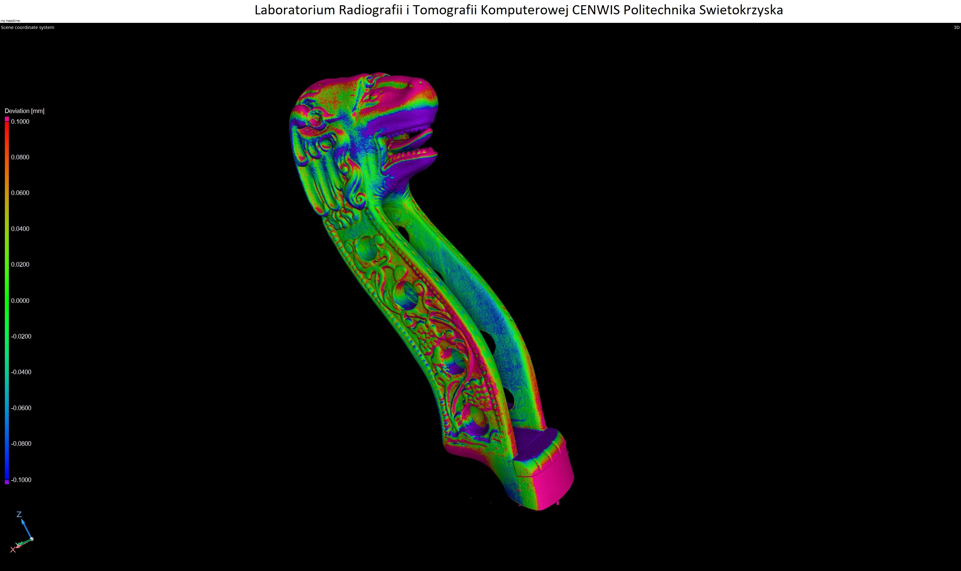 Mapa odchyłek modelu głowy lwa z instrumentu przypisywanego Marcinowi Grobliczowi, zakres ±0,10 mm — profil, zrzut z VGSTUDIO MAX